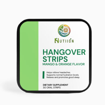 Nutiion, Mango-orange Hangover Strips. Natural rescue for multiple symptoms Whether it's occasional headaches, disturbed sleep, or general discomfort, this natural remedy provides a comprehensive support to various hangover symptoms, allowing you to recover and feel better after a night of partying. Healthy inflammatory response Curcuma Longa (curcumin), Cichorium Intybus, and Phyllanthus Emblica, which are associated with promoting normal inflammatory response in the body. These oral strips are formulated to provide potential support from common hangover symptoms.