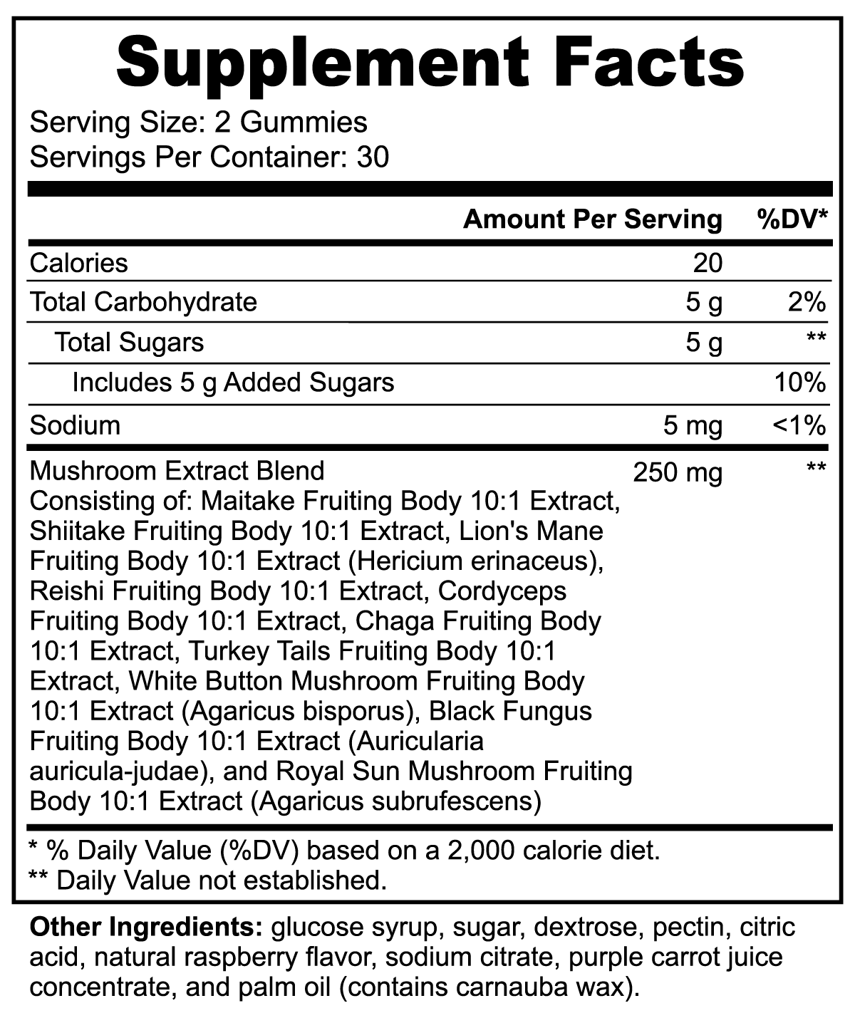 Nutiion, Mushroom Extract Complex Powerful fungi gummies. Supports mental wellbeing Nootropic compounds have been associated with supporting positive emotional balance. Increases mental focus This blend of mushrooms works together to give your mind wakefulness and clarity so you can perform at the highest level. Increase neuroplasticity Bioactive compounds in this blend support the development of neurons in the brain. Promotes normal blood sugar levels Multiple studies have shown specific mushroom species like Chaga, Lions Mane, and Cordyceps promote normal blood sugar levels in the body. This also allows for a steady release of energy throughout the day.