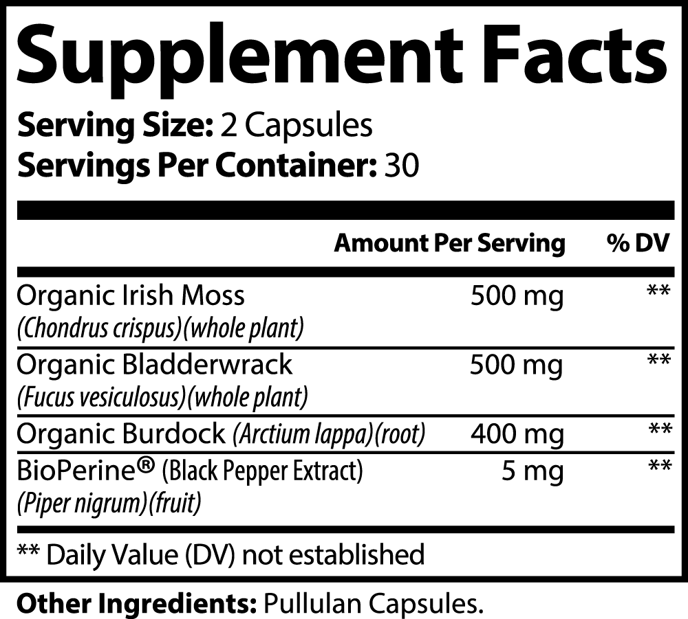 Blood Helps remove heavy metals from the blood, supporting organ health and the whole body's health. Thyroid Supports thyroid function, healthy metabolism and brain health by regulating important, everyday biochemical reactions. Skin Often used in skincare formulations for its properties that support skin health, Sea Moss is known for its potential to promote skin circulation and maintain overall skin well-being. Immunity Enhances immune function and modulates the expression of molecules produced by microorganisms.